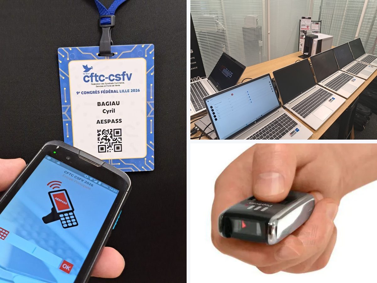 Matériel de contrôle d'accès AESPASS : PDA avec scanner de QR code, ordinateurs portables et lecteur de codes-barres