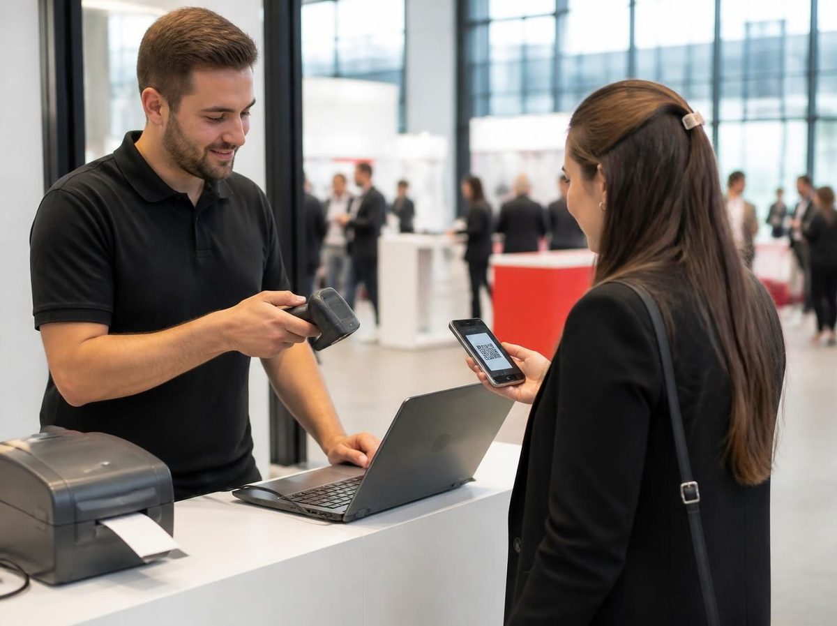 Technicien debout à l'accueil d'un salon professionnel, scannant le QR code d'une participante